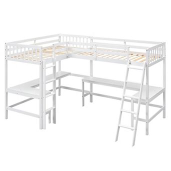 Merax Wood Twin Size L-Shaped Loft Bed with Ladder and 2 Built-in L-Shaped Desks