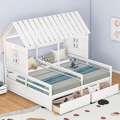 Merax Twin Size House Platform Beds with Two Drawers for Boy and Girl Shared Beds