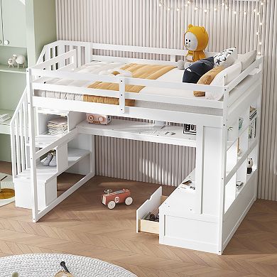 Merax Full Size Loft Bed with Desk and Shelves, Two Built-in Drawers, Storage Staircase