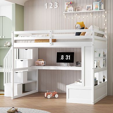 Merax Full Size Loft Bed with Desk and Shelves, Two Built-in Drawers, Storage Staircase