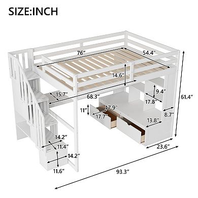 Merax Full Size Loft Bed with Desk and Shelves, Two Built-in Drawers, Storage Staircase