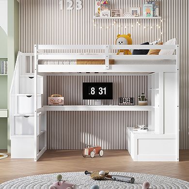 Merax Full Size Loft Bed with Desk and Shelves, Two Built-in Drawers, Storage Staircase