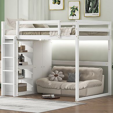 Merax Wood Full Size Loft Bed with Built-in Wardrobe and Storage Shelves