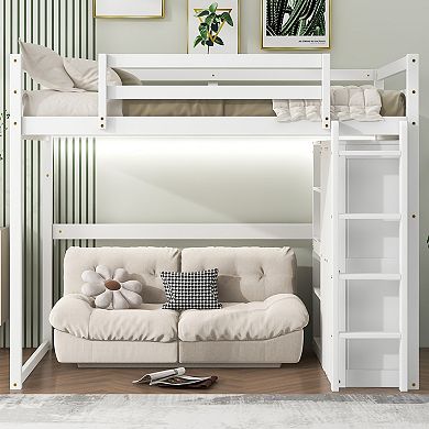 Merax Wood Full Size Loft Bed with Built-in Wardrobe and Storage Shelves