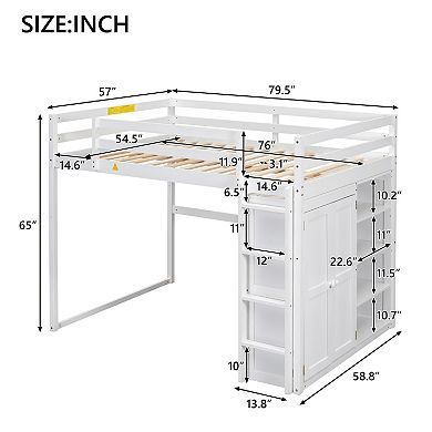 Merax Wood Full Size Loft Bed with Built-in Wardrobe and Storage Shelves