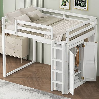 Merax Wood Full Size Loft Bed with Built-in Wardrobe and Storage Shelves