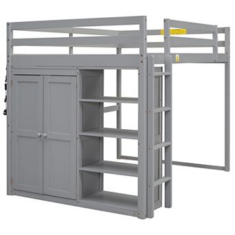 Merax Wood Full Size Loft Bed with Built-in Wardrobe and Storage Shelves