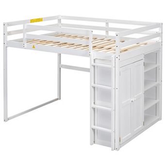 Merax Wood Full Size Loft Bed with Built-in Wardrobe and Storage Shelves