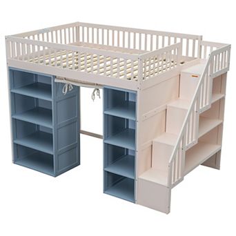 Merax Full Size Loft Bed with 2 Four-layer Storage Cabinets and Curtain