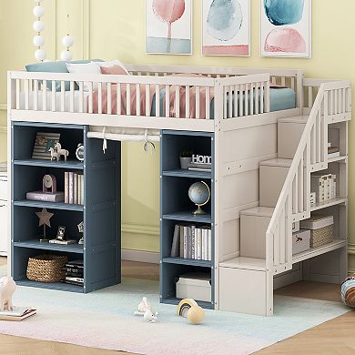 Merax Full Size Loft Bed with 2 Four-layer Storage Cabinets and Curtain