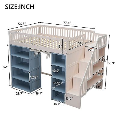 Merax Full Size Loft Bed with 2 Four-layer Storage Cabinets and Curtain