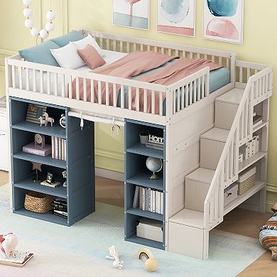 Merax Full Size Loft Bed with 2 Four-layer Storage Cabinets and Curtain