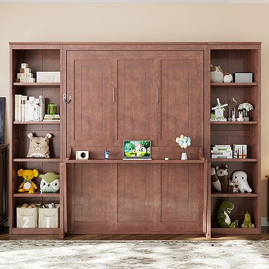 Merax Queen Size Murphy Bed with Desk and Bookshelf