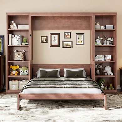Merax Queen Size Murphy Bed with Desk and Bookshelf
