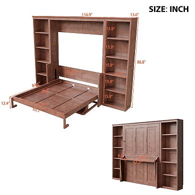 Merax Queen Size Murphy Bed with Desk and Bookshelf