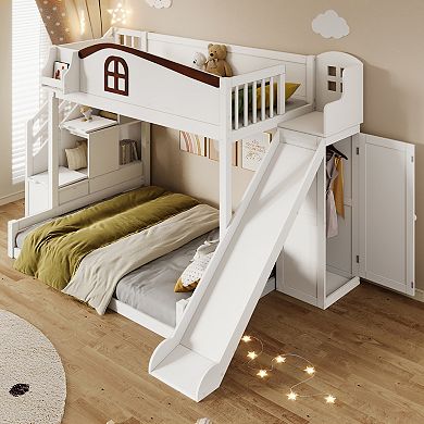 Merax Twin over Full Bunk Bed with Storage Staircase, Shelf, Slide and Wardrobe