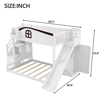 Merax Twin over Full Bunk Bed with Storage Staircase, Shelf, Slide and Wardrobe