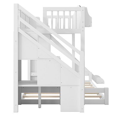 Merax Twin over Full Bunk Bed with Storage Staircase, Shelf, Slide and Wardrobe