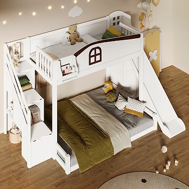 Merax Twin over Full Bunk Bed with Storage Staircase, Shelf, Slide and Wardrobe