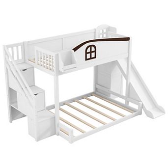 Merax Twin over Full Bunk Bed with Storage Staircase, Shelf, Slide and Wardrobe