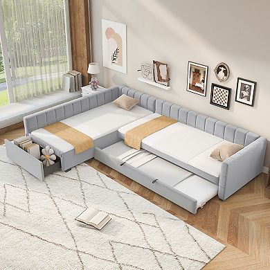 Merax Lshape Upholstered Double Twin Size Daybed with Trundle and Drawer