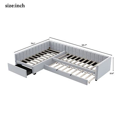 Merax Lshape Upholstered Double Twin Size Daybed with Trundle and Drawer