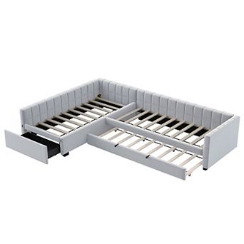 Merax Lshape Upholstered Double Twin Size Daybed with Trundle and Drawer