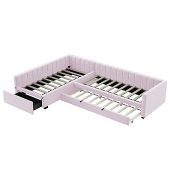 Merax Lshape Upholstered Double Twin Size Daybed with Trundle and Drawer