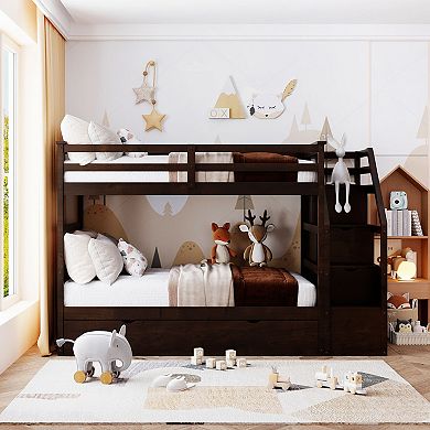 Merax Twin-Over-Twin Bunk Bed with Twin Size Trundle and 3 Storage Stairs