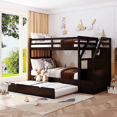 Merax Twin-Over-Twin Bunk Bed with Twin Size Trundle and 3 Storage Stairs