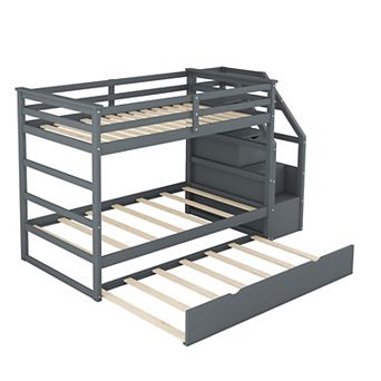 Merax Twin-Over-Twin Bunk Bed with Twin Size Trundle and 3 Storage Stairs