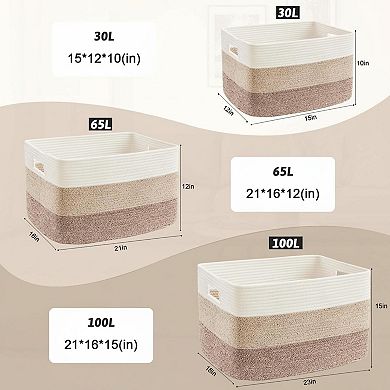 KAUFLY Rectangle Woven Cotton Rope Storage Basket for Laundry Toys Blankets