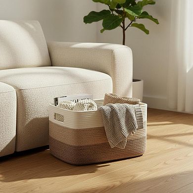 KAUFLY Rectangle Woven Cotton Rope Storage Basket for Laundry Toys Blankets