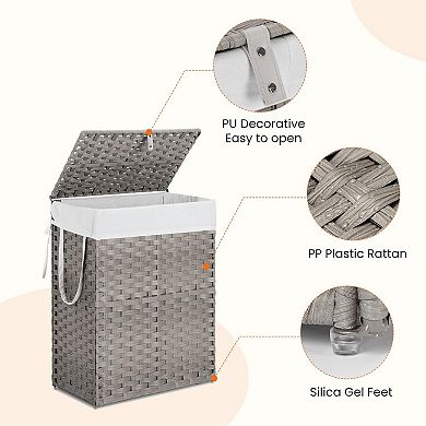 KAUFLY Large Woven Laundry Basket with Lid & Washable Liner, Foldable Rattan Steel Frame