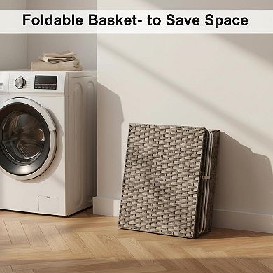 KAUFLY Large Woven Laundry Basket with Lid & Washable Liner, Foldable Rattan Steel Frame