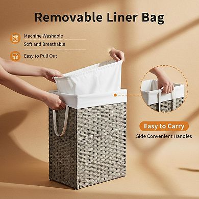 KAUFLY Large Woven Laundry Basket with Lid & Washable Liner, Foldable Rattan Steel Frame
