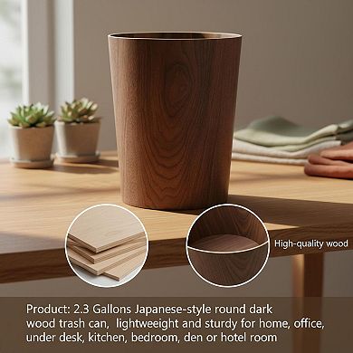 KAUFLY 2.3 Gallons Wood Trash Can Japanese Style Round Lightweight Sturdy for Home Office
