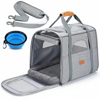 Petsfit Soft-sided Pet Travel Carrier with Foldable Bowl Locking Zippers Mesh