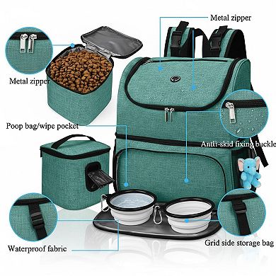 Petsfit Airline Approved Pet Travel Backpack with 2 Collapsible Bowls 2 Food Baskets