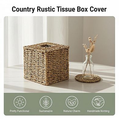 KAUFLY Rattan Tissue Box Cover Hand Woven Decorative for Bathroom Bedroom Office
