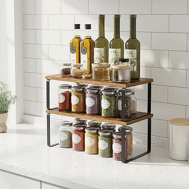 KAUFLY Stackable Expandable 2-Pack Kitchen Cabinet Shelf, Metal & Wood