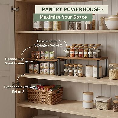 KAUFLY Stackable Expandable 2-Pack Kitchen Cabinet Shelf, Metal & Wood