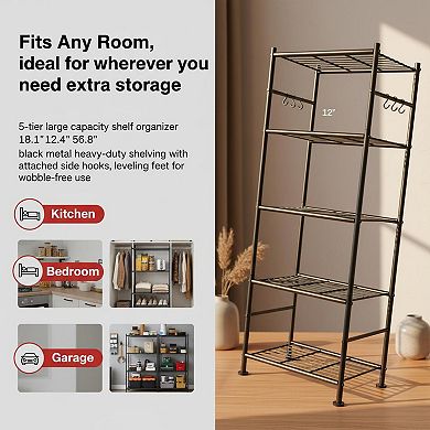 KAUFLY 5-Tier Heavy-Duty Rack w/ Hooks & Feet, Wobble-Free for Garage&Bedroom