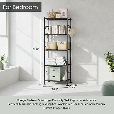 KAUFLY 5-Tier Heavy-Duty Rack w/ Hooks & Feet, Wobble-Free for Garage&Bedroom