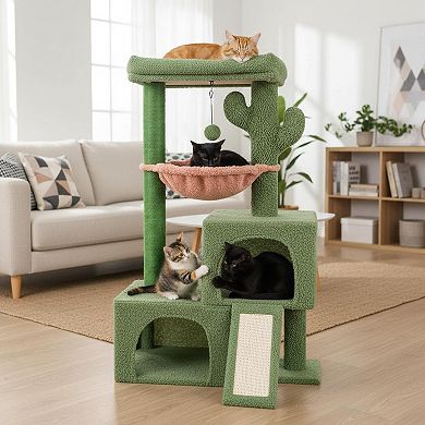 Nicate 37.4in Cactus Cat Tree Tower: Perch, Hammock, Scratching Post & Balls