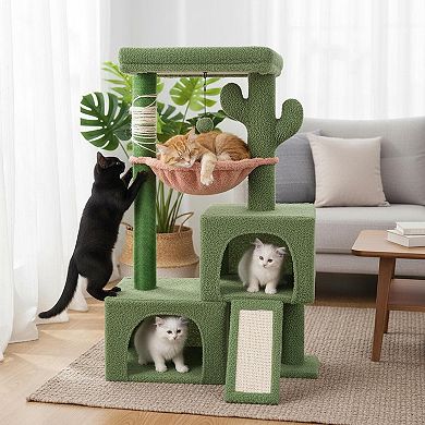 Nicate 37.4in Cactus Cat Tree Tower: Perch, Hammock, Scratching Post & Balls