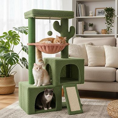 Nicate 37.4in Cactus Cat Tree Tower: Perch, Hammock, Scratching Post & Balls