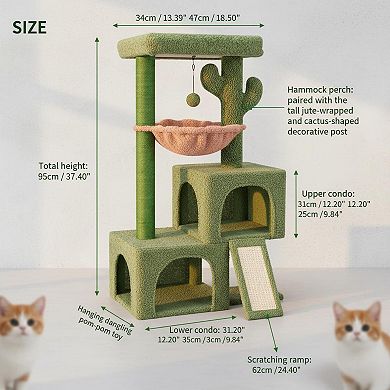 Nicate 37.4in Cactus Cat Tree Tower: Perch, Hammock, Scratching Post & Balls