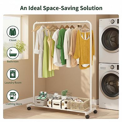 KAUFLY Steel Garment Rack with Storage Shelves,Rolling 360°Wheels,Heavy Duty