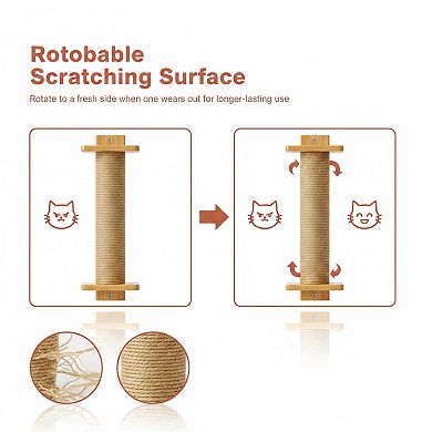 Nicate Wall Mounted Cat Scratcher Post Rotatable Sisal Rubber Wood Vertical Horizontal Mounting